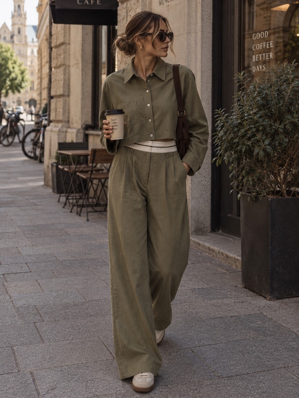 WAYF two-piece kaki olive green wide-leg pants and button-down shirt